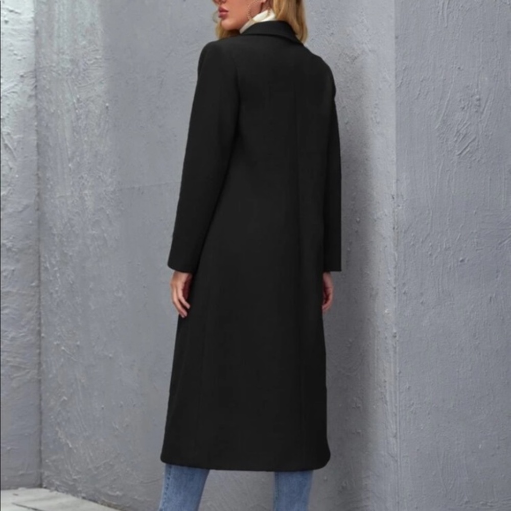 Classic Black wide collar trench Peacoat coat jacket - Picture 4 of 4